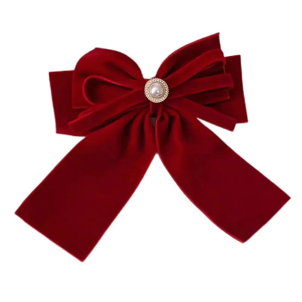 🎀 Red Velvet Pearl Accent Big Bow Hair Accessories Barrette Clip NEW